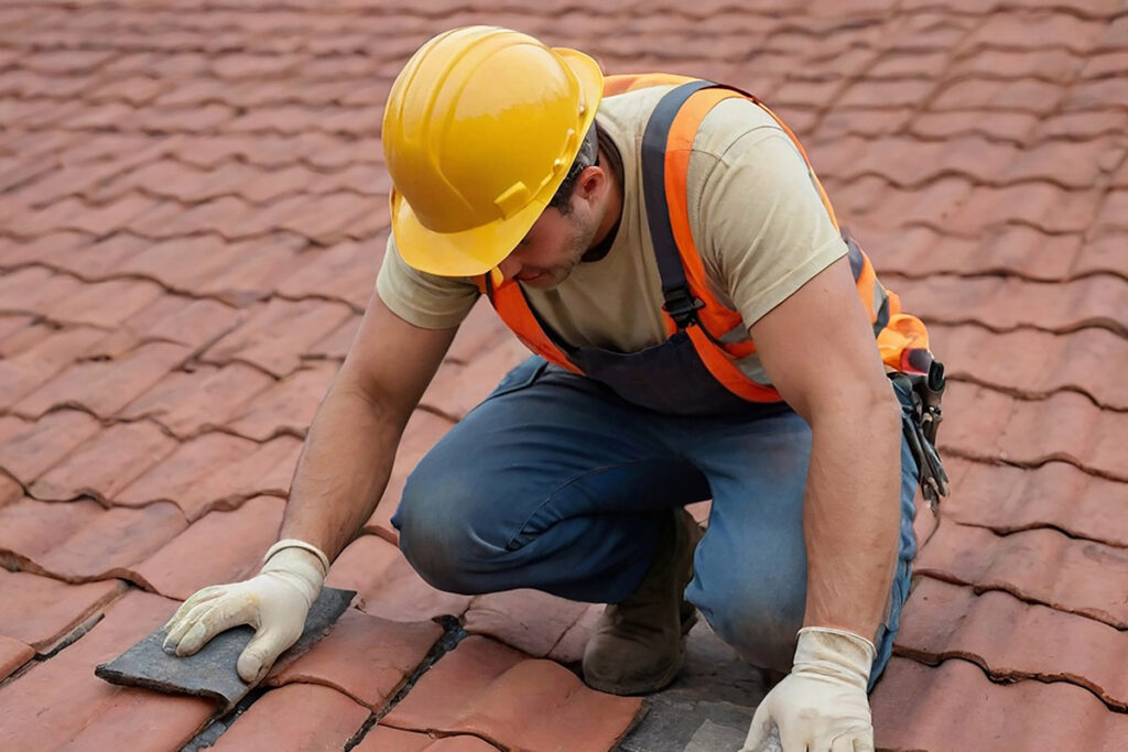 Roofer inspecting and repairing a roof
