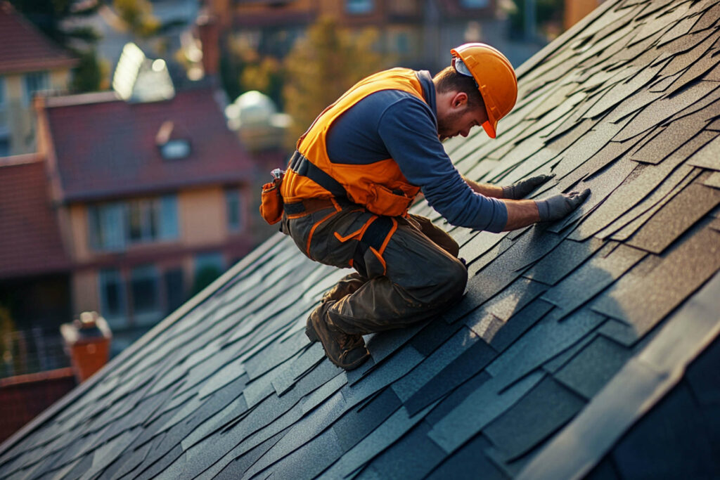 Roofer repairing an asphalt shingle roof