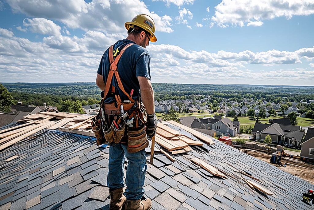 Roofing crew replacing a residential roof